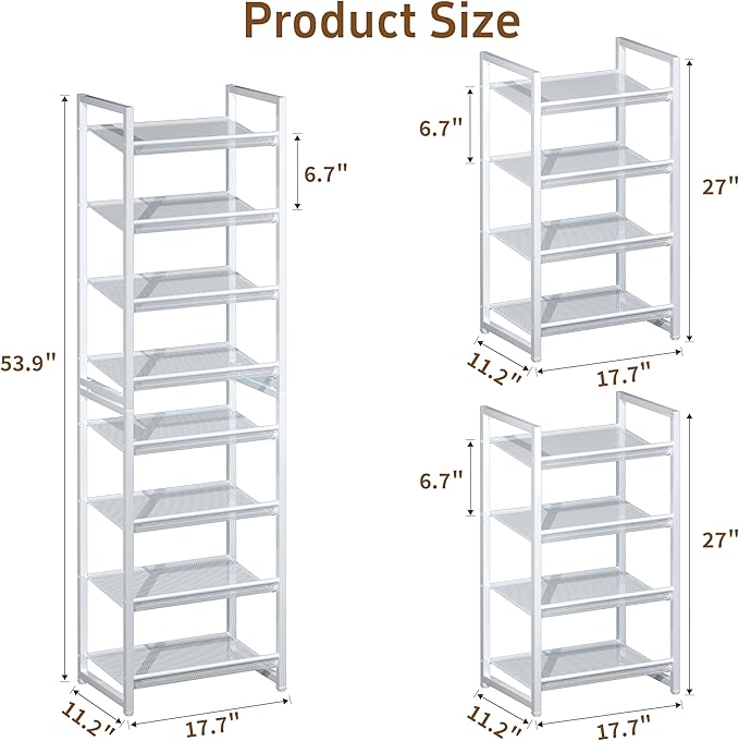 8 Tier Narrow Shoe Rack, Stackable Metal Shoe Storage, Holds 16-20 Pairs, Vertical Shoe Organizer for Garage Closet Entryway,