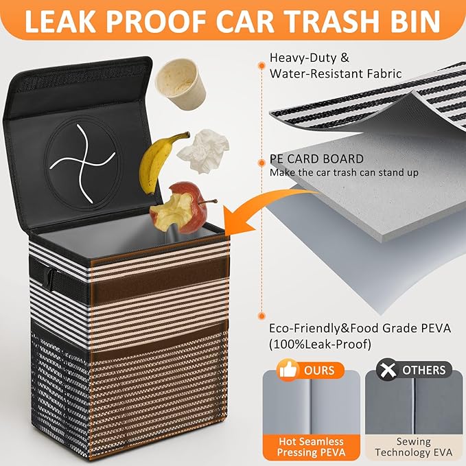 Car Trash Can for Car Cute, Bag Bin Hanging Waterproof Automotive Garbage Cans Leak Proof Vehicle Trash Can Stripe