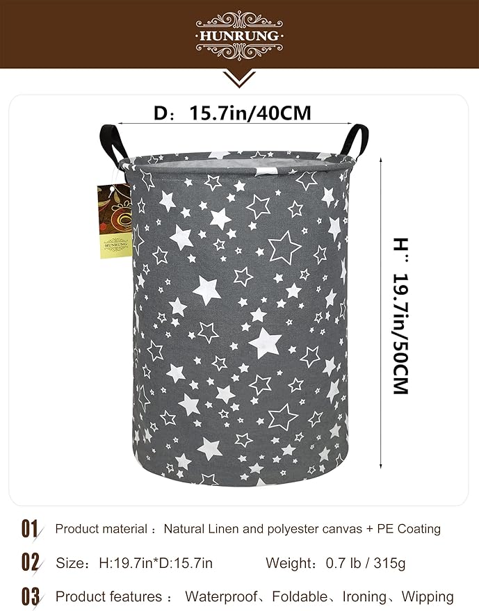 HUNRUNG Laundry Hamper,Large Canvas Fabric Lightweight Storage Basket Toy Organizer Dirty Clothes Collapsible Waterproof for 