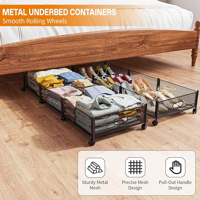 Under Bed Storage With Wheels, 47.2''/90lbs/57.6L, Metal Frame Under Bed Rolling Storage, Tool-Free Assembly Underbed Drawers