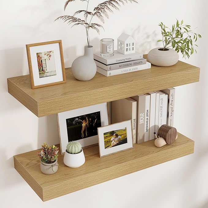 Floating Shelves for Wall, 30" W x 12" D x 2" H, 2 Pack of Long Wall Mounted Engineered Wood Shelves with Invisible Brackets 