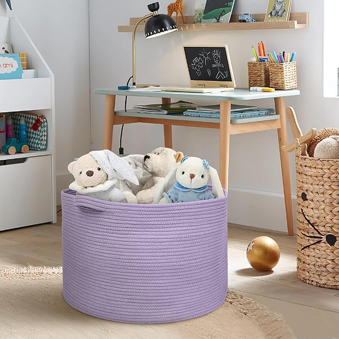 MEGASKET Purple Rope Storage Basket, 22" X 14" Large Woven Baskets, Jumbo Floor Bin for Throw Blankets Pillows, Baby Laundry 