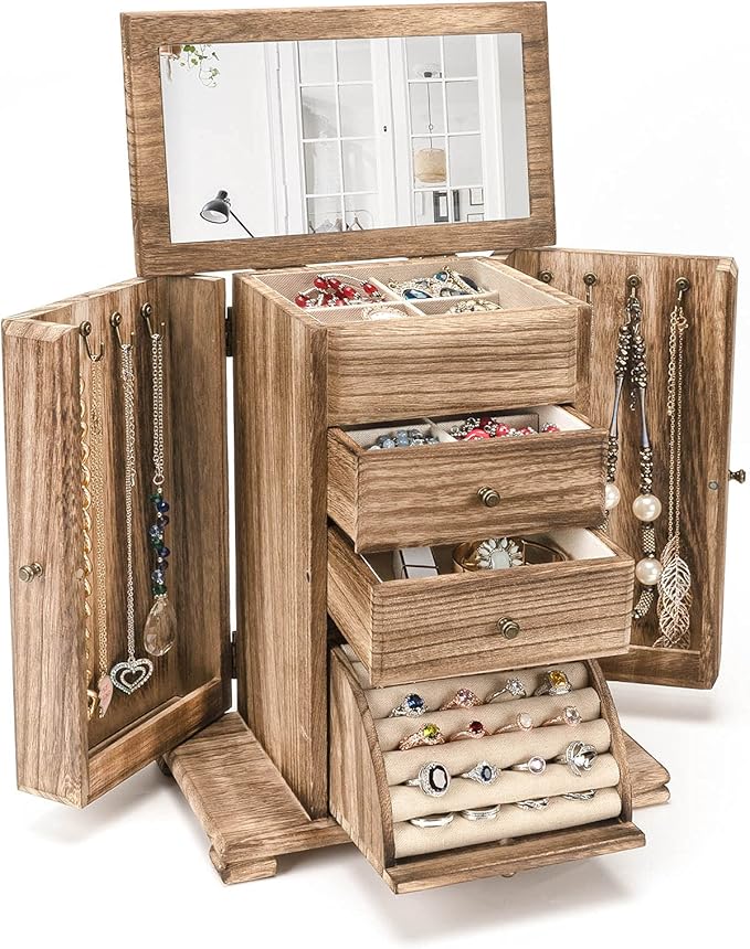 Emfogo Jewelry Box for Women, Rustic Wooden Jewelry Boxes & Organizers with Mirror, 4 Layer Jewelry Organizer Box Display for