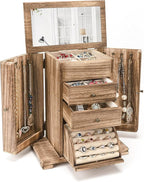 Emfogo Jewelry Box for Women, Rustic Wooden Jewelry Boxes & Organizers with Mirror, 4 Layer Jewelry Organizer Box Display for