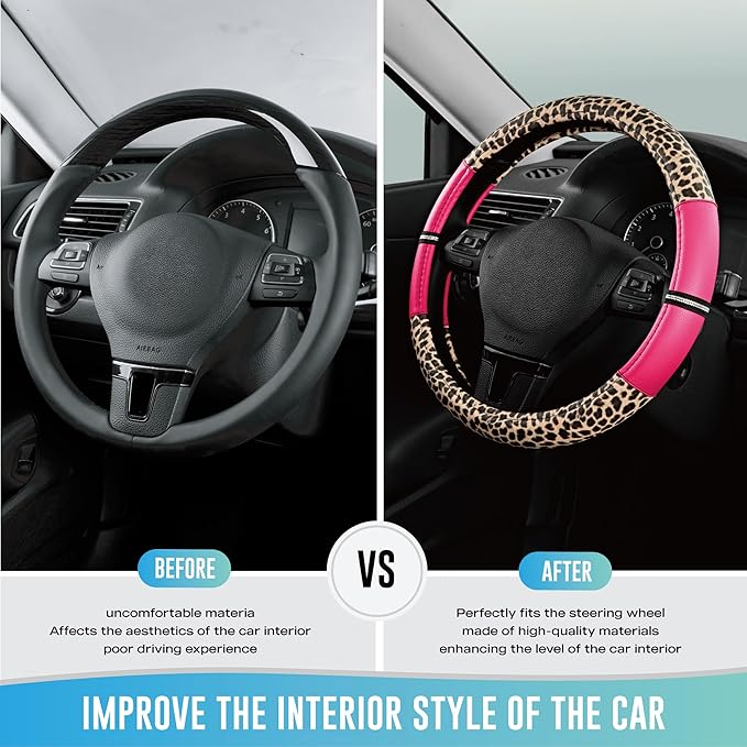 Road Comforts Leopard Steering Wheel Cover for Women, Cute Anti-Slip Microfiber Leather, Universal Fit 14.5-15 Inch Round Ste