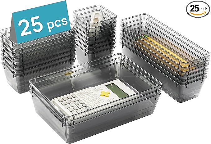 Vtopmart 25 PCS Office Desk Drawer Organizers Set, 4-Size Versatile Plastic Drawer Organizer Trays, Storage Bins for Desk Acc