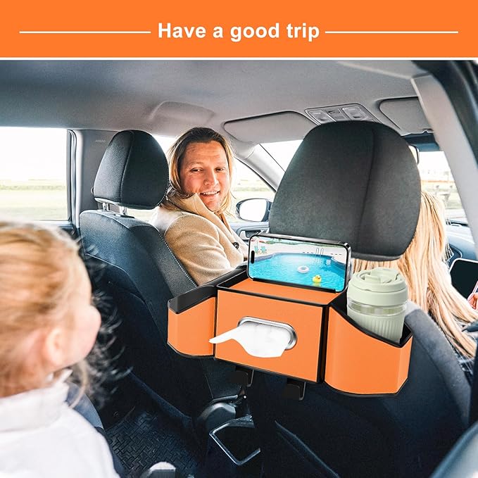 7-In-1 Car Seat Back Organizer with Cup Holders, Tissue Box, Garbage Can&Hooks, Multifunctional Headrest Storage Organizer, Headrest Cup Holder for Backseat, Car Accessories for Trips, Travels(Orange)