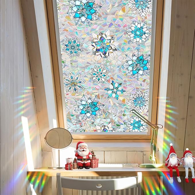 Niviy Christmas Window Clings, Stained Glass Window Film for Xmas Decals Holiday Snowflake Christmas Home Office Decorations for Indoor Outdoor (16.93 x 39.37inch)