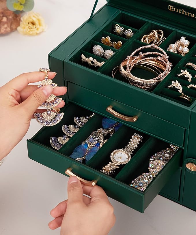 Enthralite Jewelry Box with 3 Drawers: Display Organizer for Earrings Necklaces - Gifts for Girls Women (Forest Green)