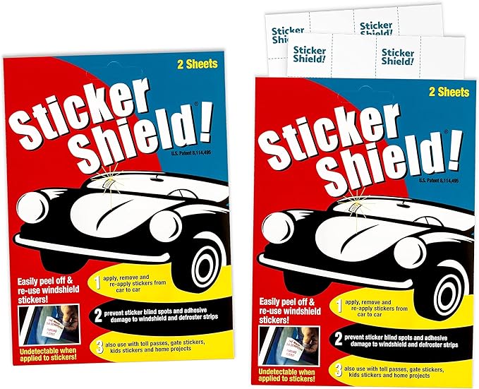 STICKER SHIELD - Windshield Sticker Applicator for Easy Application, Removal and Re-Application from Car to Car - 4 inch x 6 