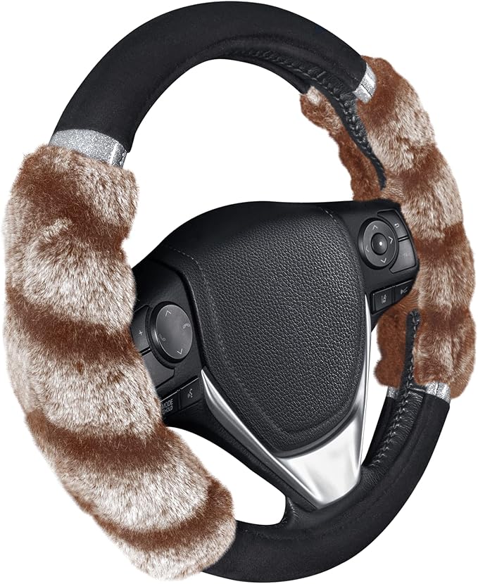 BDK Bear Fur Steering Wheel Cover, Plush Faux Fur Fuzzy Steering Cover for Car Truck Van SUV, Standard Size Fits Wheels 14.5-