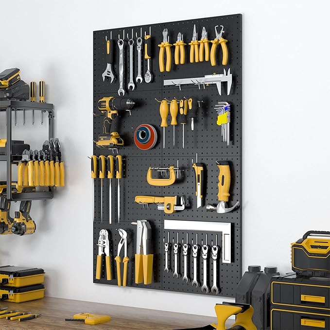 Spampur Peg Board, 8 Pack Metal Pegboard Panels with 50 Hooks, Black Pegboards Wall Organizer, Heavy Duty Peg Board for Walls