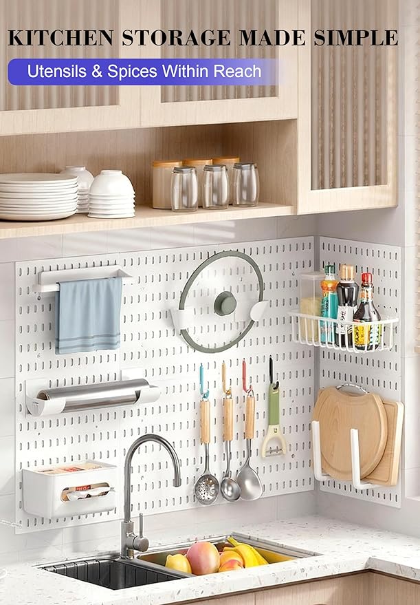 Pegboard Wall Organizer Set – 4 Peg Boards with Hooks & Shelves – Office, Kitchen, Gaming Room Desk Pegboard Storage – Peg Bo