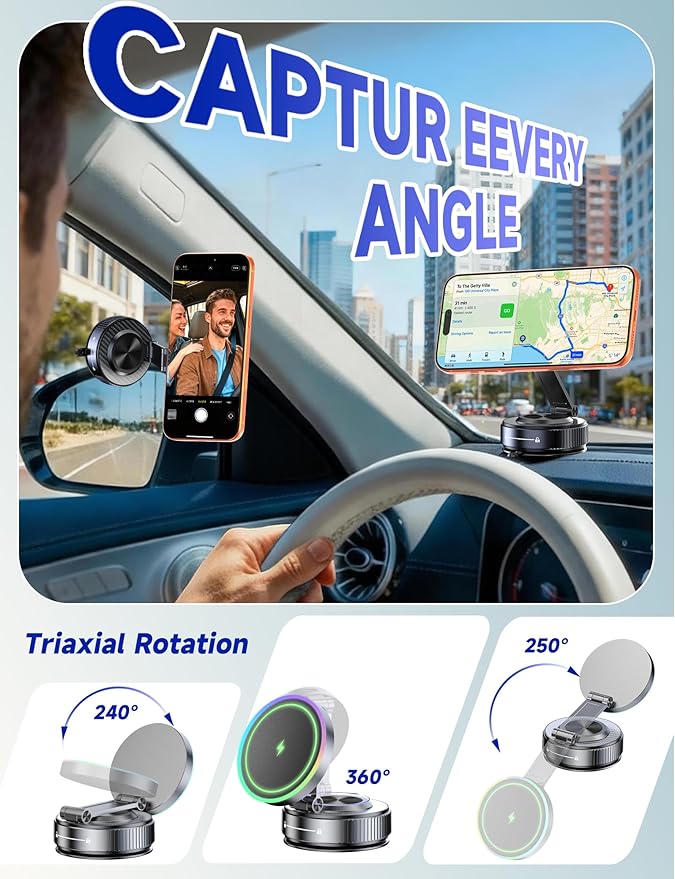for Magsafe Car Mount Charger, 15W Faster Charging Wireless Car Charger [105+LBS Suction & 3800gf Magnetic] 360° Adjustable, Magnetic Phone Holders for Your Car for iPhone & Android