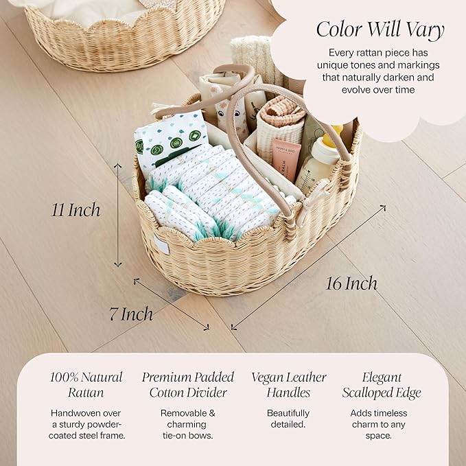 BEBE BASK Premium Baby Diaper Caddy Organizer - Handmade & Award-Winning Scalloped Rattan Basket - Luxury Diaper Caddy Basket