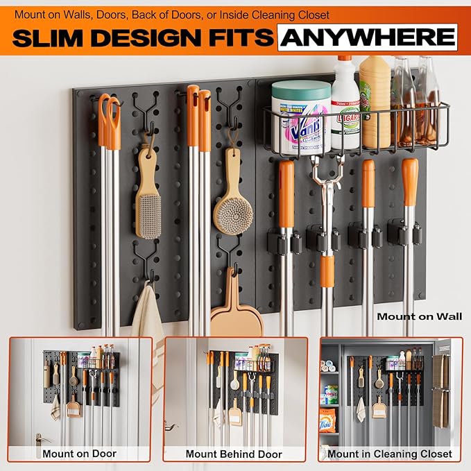 Broom Holder Wall Mount, Peg Board Wall Organizer with Mop Hanger Gripper Hooks Basket, Laundry Room Organization and Storage