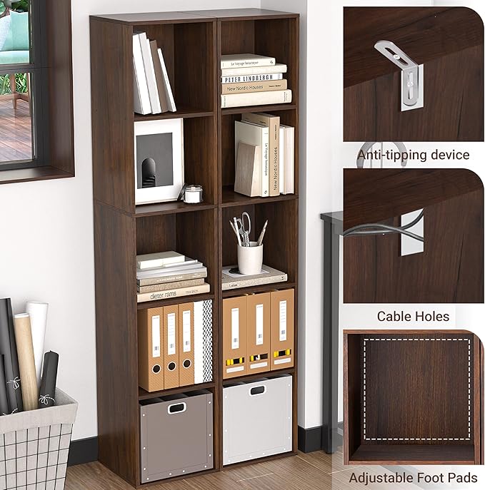 5 Cube Storage Organizer, Narrow Open Shelf Bookcase, Freestanding 5 Tier Low Display Bookshelf for Home Office, Living Room,