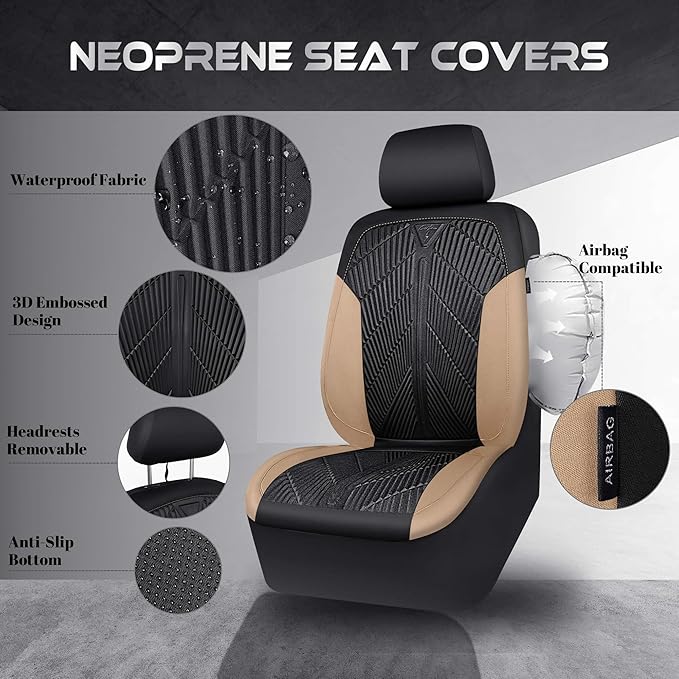 CAR PASS Waterproof Black Beige Car Seat Covers Front Seat Covers Neoprene Wetsuit,All-Weather Non-Slip Durable,Universal Fit