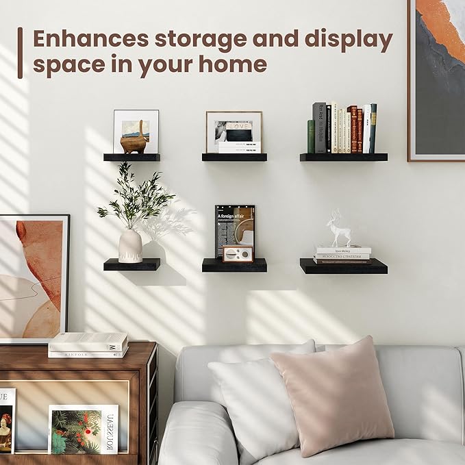 Fun Memories Floating Shelves for Wall - 9.3 Inch Square Shelves with Invisible Brackets, Black Small Wall Shelf for Living R