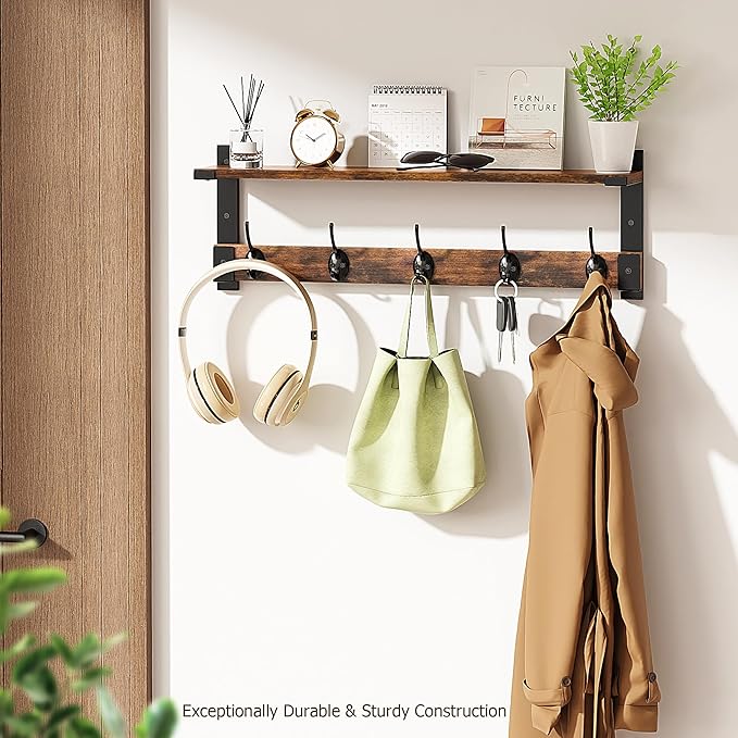 Oraich Coat Rack Wall Mount with Hooks and Shelf for Coat, Backpack, Key, Clothes Hanger, Wall Floating Shelf for Entryway, L