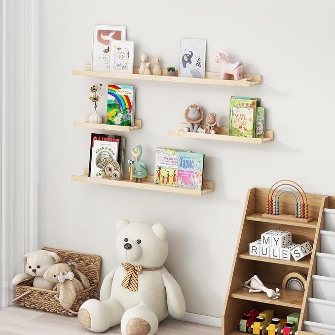Picture Ledge Shelf for Wall, 16 inches Solid Pine Wood Nursery Book Shelves 3 Packs, Floating Ledge Shelves for Kids' Room B