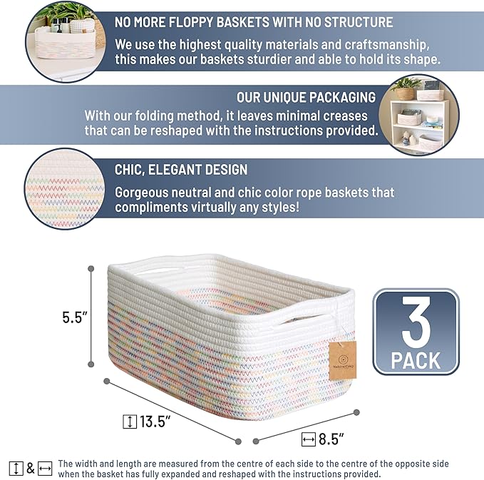 NaturalCozy 13.5”x8.5”x5.5” Rectangle Storage Baskets for Shelves 3 Pack | Cotton Rope Woven Small Baskets for Organizing | S