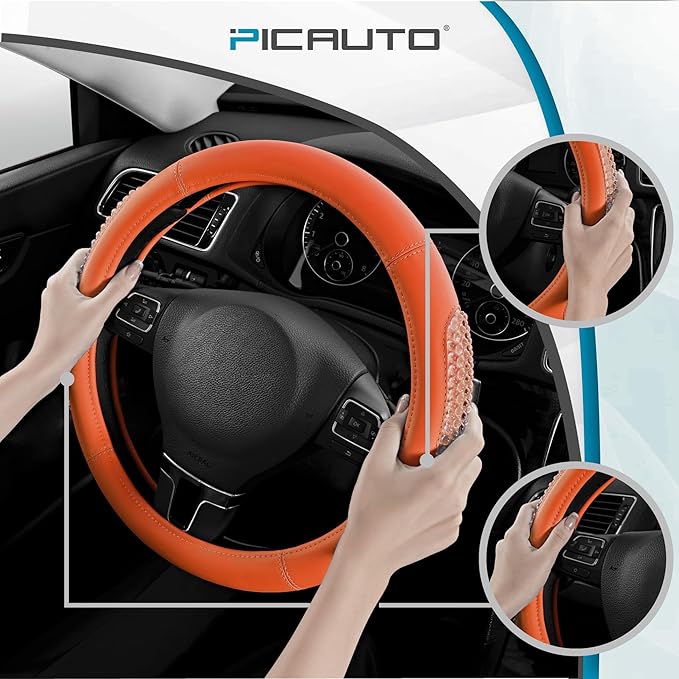 PIC AUTO Steering Wheel Cover, Glitter Gel Particles & Orange Luxury Leather Car Steering Cover, Universal Fit 14.5"-15.5" An