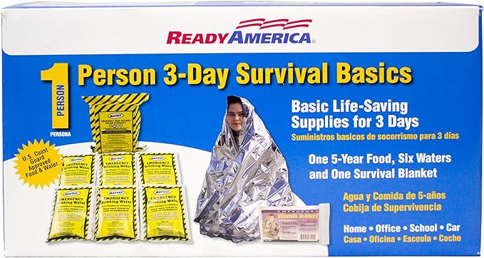 Ready America The Survival Box, 1-Person, 3-Day Emergency Kit Includes 5 Year Emergency Food, Water, Emergency Blanket Portab