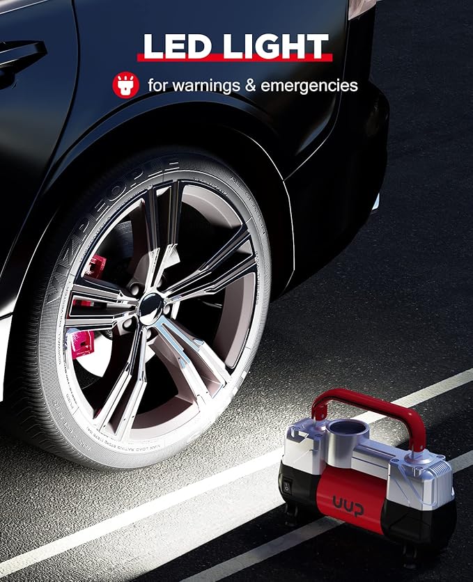 Tire Inflator Air Compressor, 150PSI 12V DC Double Cylinders Heavy Duty Portable Air Pump w/Emergency LED Light for Truck, SUV, Car, RV (red)