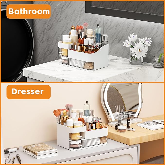 White Makeup Organizer With Drawers,Large Skincare Organizers for Countertop,Desk,Dresser,Plastic Bathroom Counter Organizer 