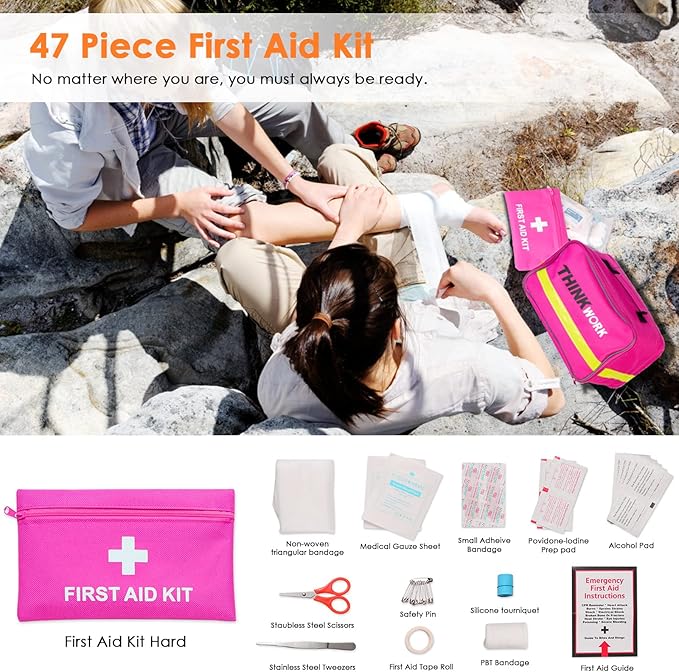 THINKWORK Car Emergency Kit for Teen Girl and Lady's Gifts, Pink Emergency Roadside Assistance kit with Pink Car Tool Set, 10
