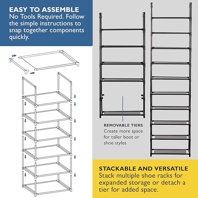 Sundaze Shoe Rack - 6 Tier Tall Shoe Rack for Closet, Sturdy Stackable Shoe Organizer for Closet, Bedroom, Entryway, Garage, 