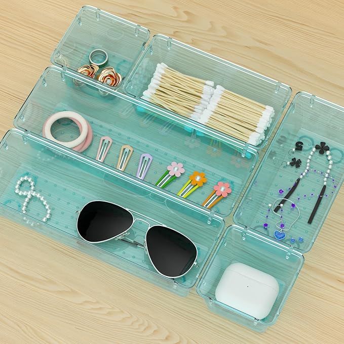WOWBOX 12 Pack Clear Drawer Organizer Set, Acrylic Drawer Storage Trays, Storage Bins for Makeup, Cosmetics, Jewelries, Utens