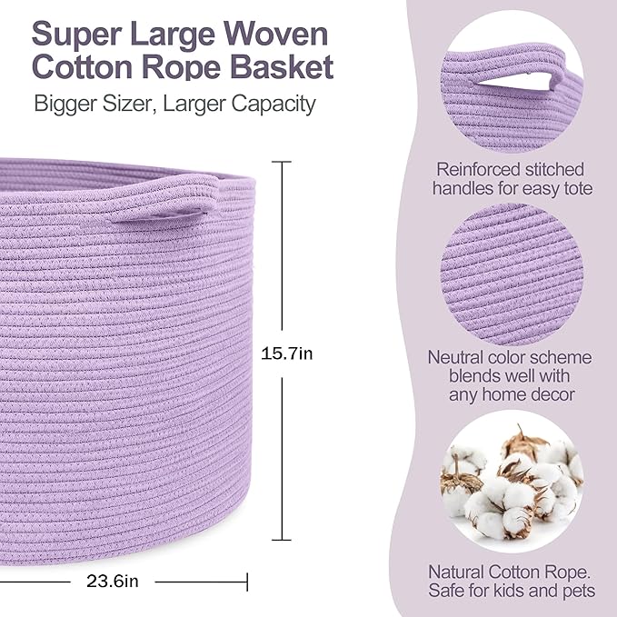 MEGASKET 115L Extra Large Purple Storage Basket, 23.6" X 15.7" Jumbo Woven Cotton Rope Bin for Throw Blankets Pillows, Baby L