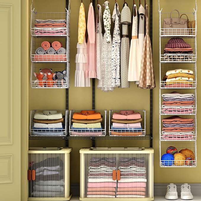X-cosrack 6 Tier Closet Hanging Organizer, Clothes Hanging Shelves with 4 Hanging Hooks 5 S Hooks, Wire Storage Basket Bins, 