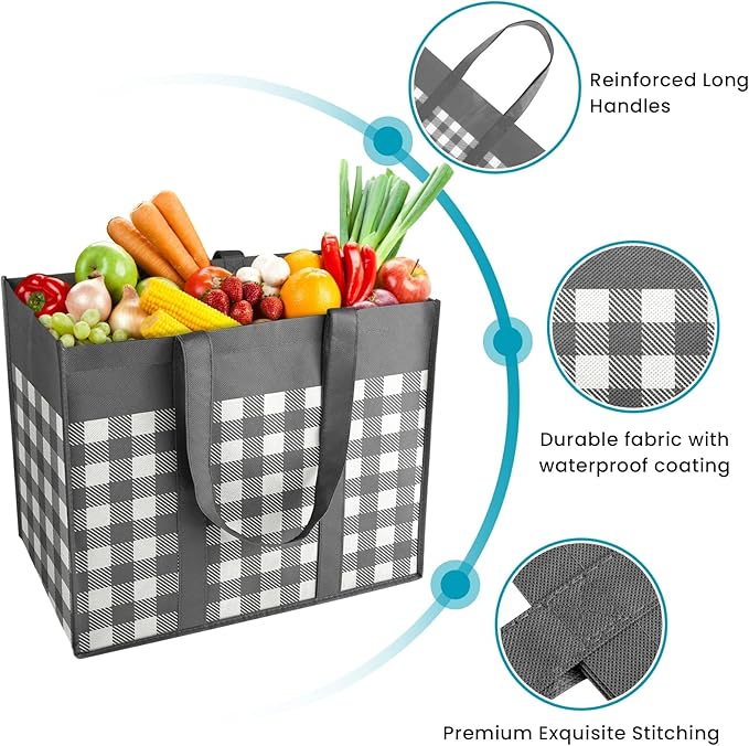 WOWBOX Reusable Grocery Bags,10-Pack, Foldable Reusable Shopping Tote Bags bulk with Reinforced Handles,Large Storage Bags with Water Resistant Coating for Groceries,Multipurpose,Grey-White