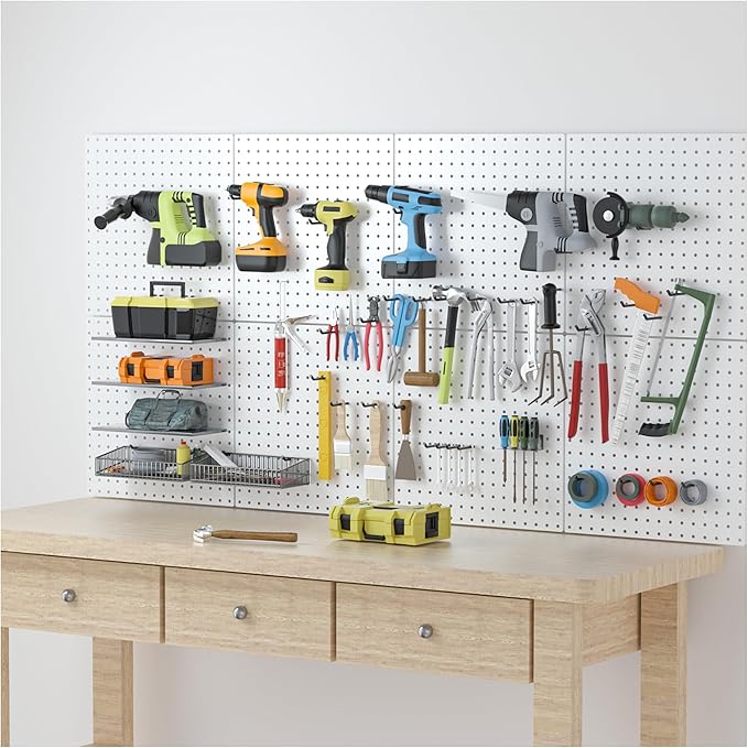Peg Board, 16”×16”Large Heavy Duty Metal Pegboard Panels with Frame White PegBoard Display 4 Packs Peg Boards for Walls, Disp
