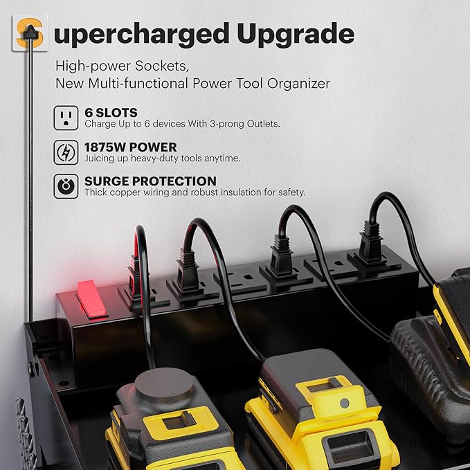 Spampur Power Tool Organizer Wall Mount with Charging Station, 15 Min Assembly & Maximum 420lb Load by Heavy Duty Metal, 8 Sl