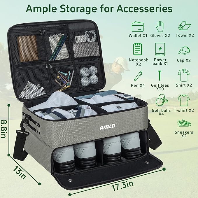 ANILD Golf Trunk Organizer, 2 Layer Golf Storage Case with Separate Ventilated Compartment for 2 Pair Shoes, for Balls, Tees,