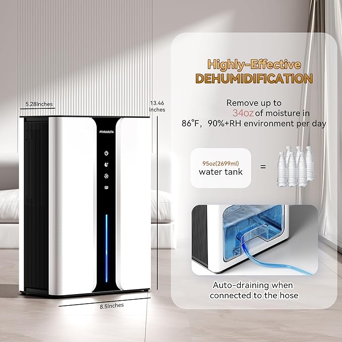 Home Dehumidifier with Drain Hose, (950 sq.ft) 95oz Quiet dehumidifier for Bathroom Bedroom, with Air Reusable Filter Indoor 