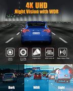 Dash Cam Front and Rear, 4K+1080P Dual Dash Camera for Cars with 5G WiFi, Built-in 32GB Card, Night Vision, G-Sensor, 24H Par