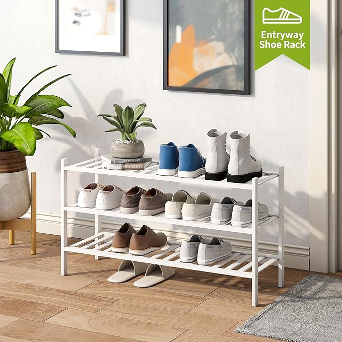 BMOSU 3-Tier Bamboo Extended Shoe Rack Premium Stackable Shoe Shelf Storage Organizer for Hallway Closet Living Room Entryway