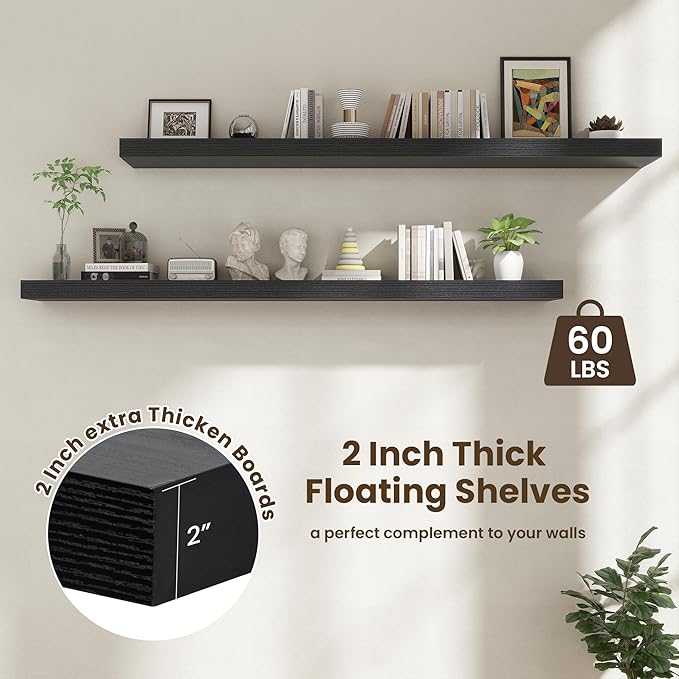 72 Inch Floating Shelves | 12 Inch Deep Black Floating Shelves Set of 2 | 72" W x 12" D Rustic Black Wood Wall Shelves for Ba