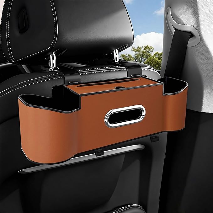 Backseat Car Organizers,4 in 1 Multifunctional Car Back Seat Storage Box with Drink Cup Holder Tissue Box, for Hold Phone,Snacks, Drinks, Handbag (LightBrown)