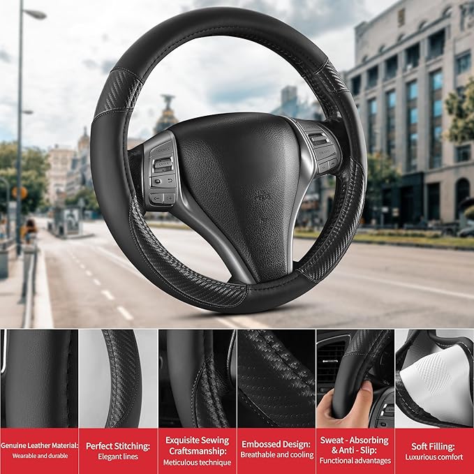 Non-Slip Car Nappa Leather Steering Wheel Cover,Universal Car Accessories Women Men Fit 14" 1/2-15" Suvs/Vans/Sedans/Cars/Tru