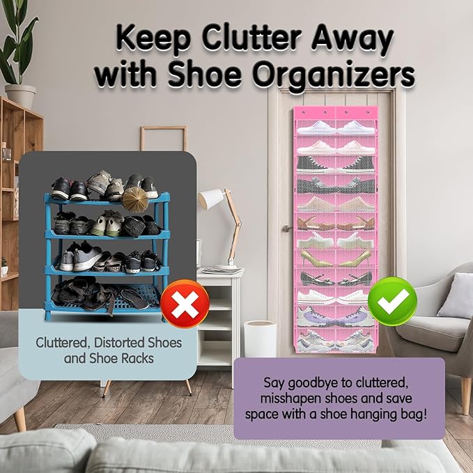 Kotkn Over The Door Shoe Organizer with 12 Large Breathable Pockets - Durable Hanging Storage for the Entire Family's Shoes (