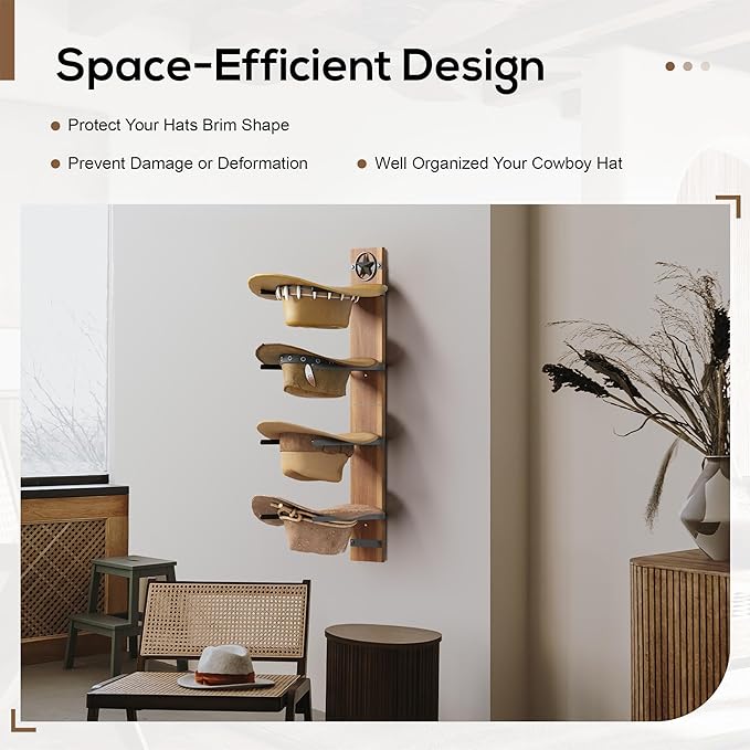 Hat Holder Rustic Wood Star Design – 2-Piece Organizer with Extra Wide Wooden Boards (12cm / 4.72"), 4-Hook Cowboy Hat Rack f