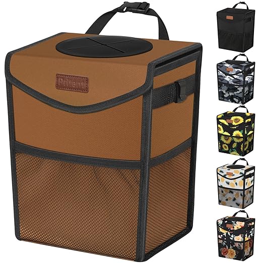 Car Trash Can with Lid, Cute Leakproof Car Trash Garbage Bag Hanging Vehicle Trash Bin Small Portable Automotive Garbage Cans Organizer for Back/Front Seat(Trapezoid,Brown)