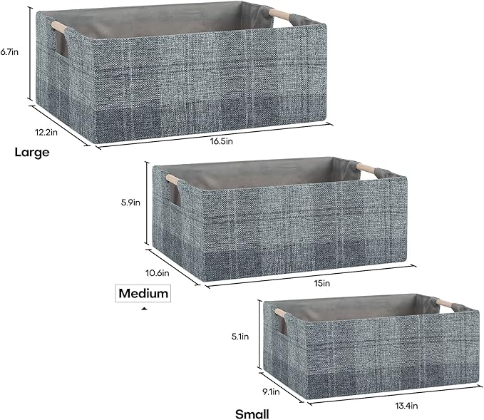 Fabric Storage Bin Box Collapsible Cotton Linen Storage Cube with Wooden Handles Rectangular Decorative Home Organizer Clothe
