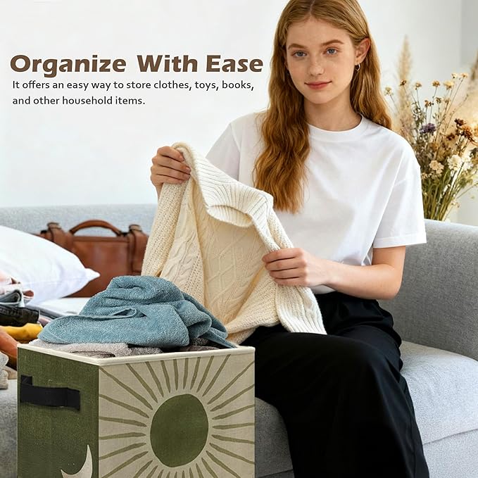 Boho Sun and Moon Storage Box Bins, Vintage Green Beige Celestial Collapsible Storage Basket Organizer for Bedroom Laundry Ro